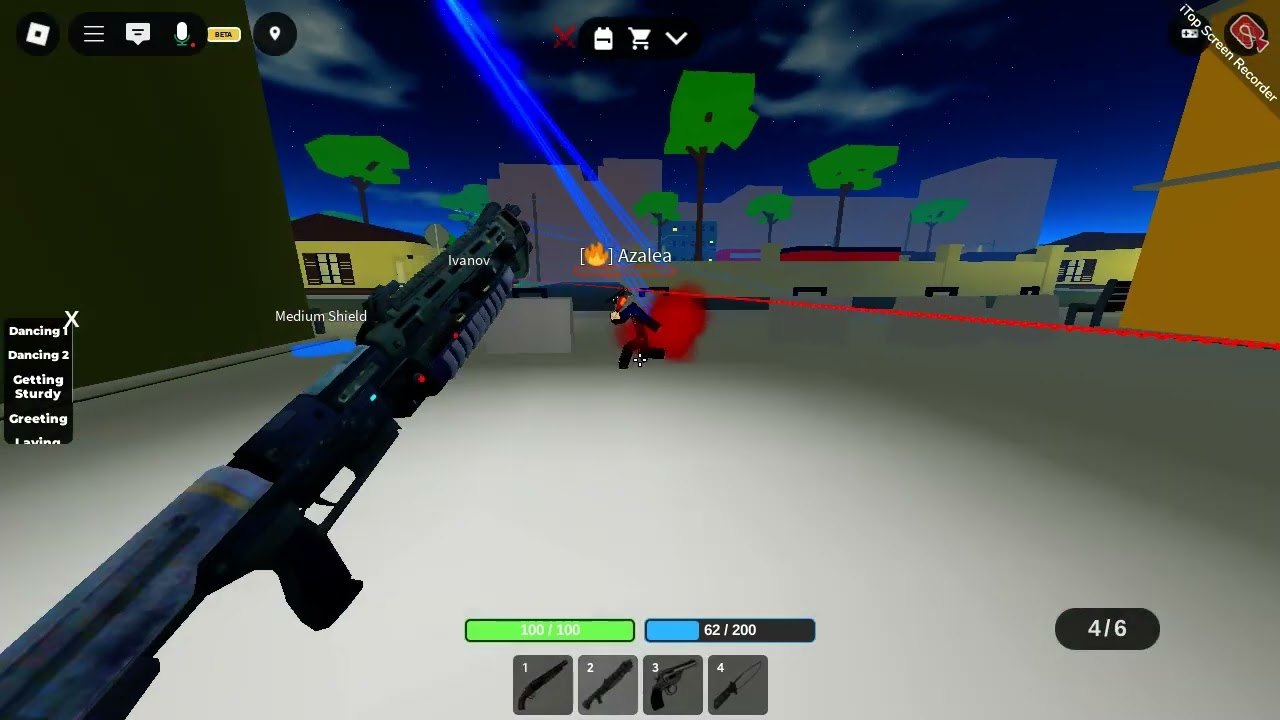First-person shotgun fight in Dan FFA at night with health, ammo, and loadout HUD visible